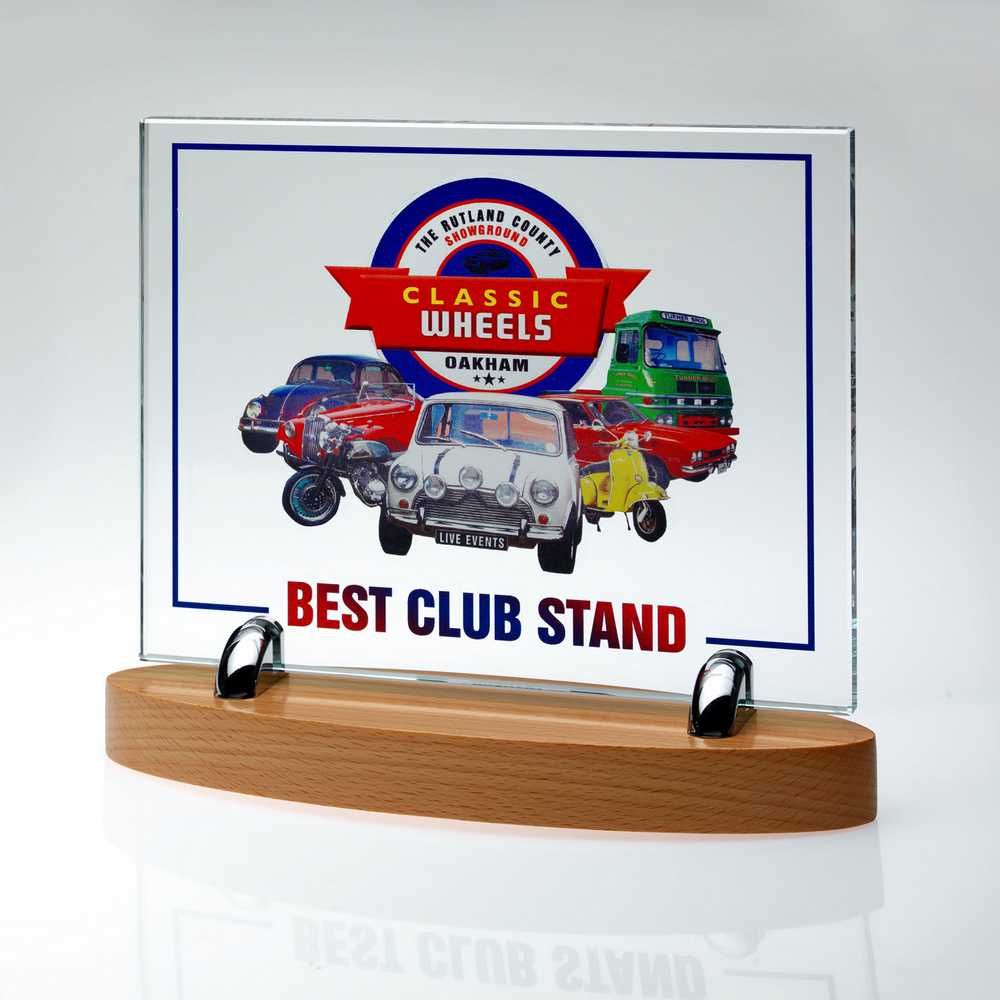 CLEAR GLASS 10mm RECTANGLE ON LIGHT WOOD BASE - (GLASS 8.25 x 10.5") 9.5 x 11in