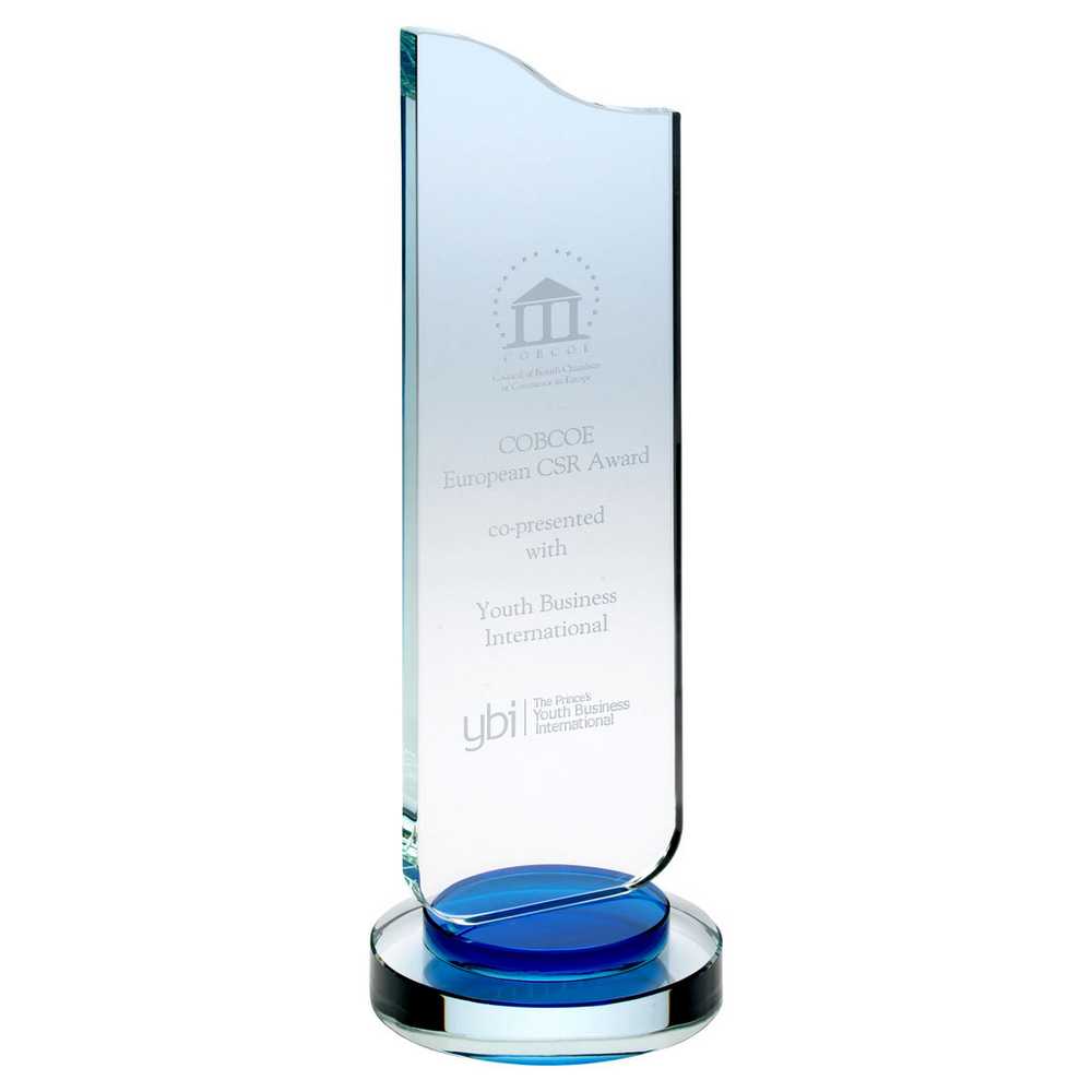 CLEAR GLASS PLAQUE WITH BLUE COLLAR ON ROUND BASE - 9.75in