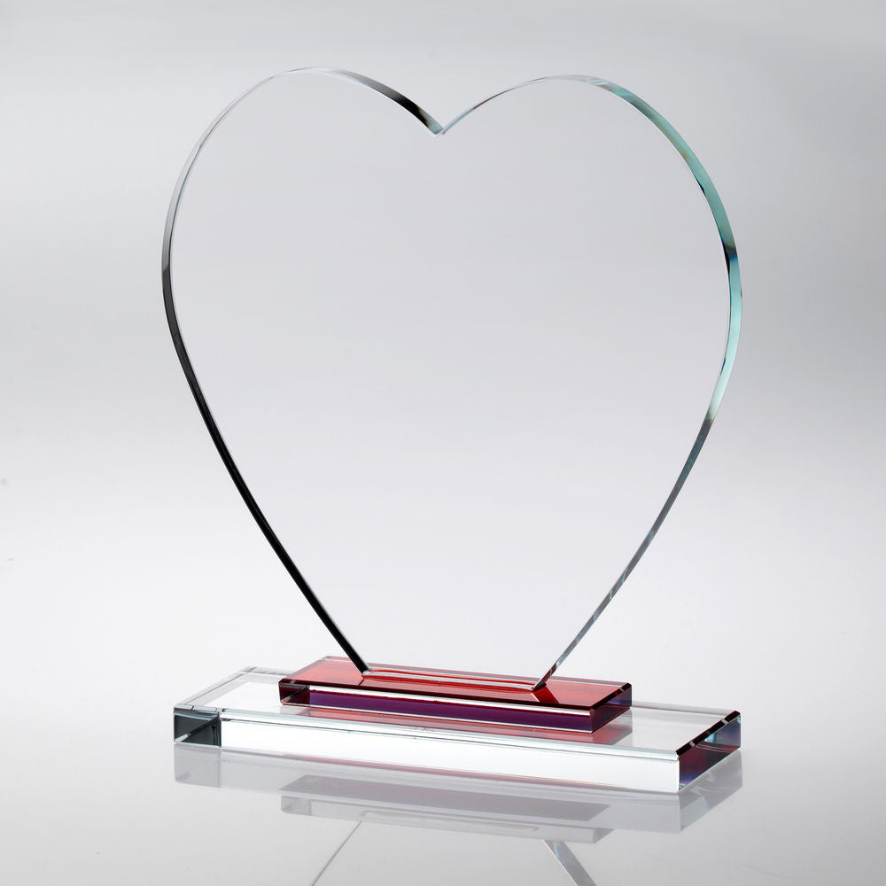 CLEAR GLASS HEART WITH RED STEPPED BASE (10mm THICK) - 9in