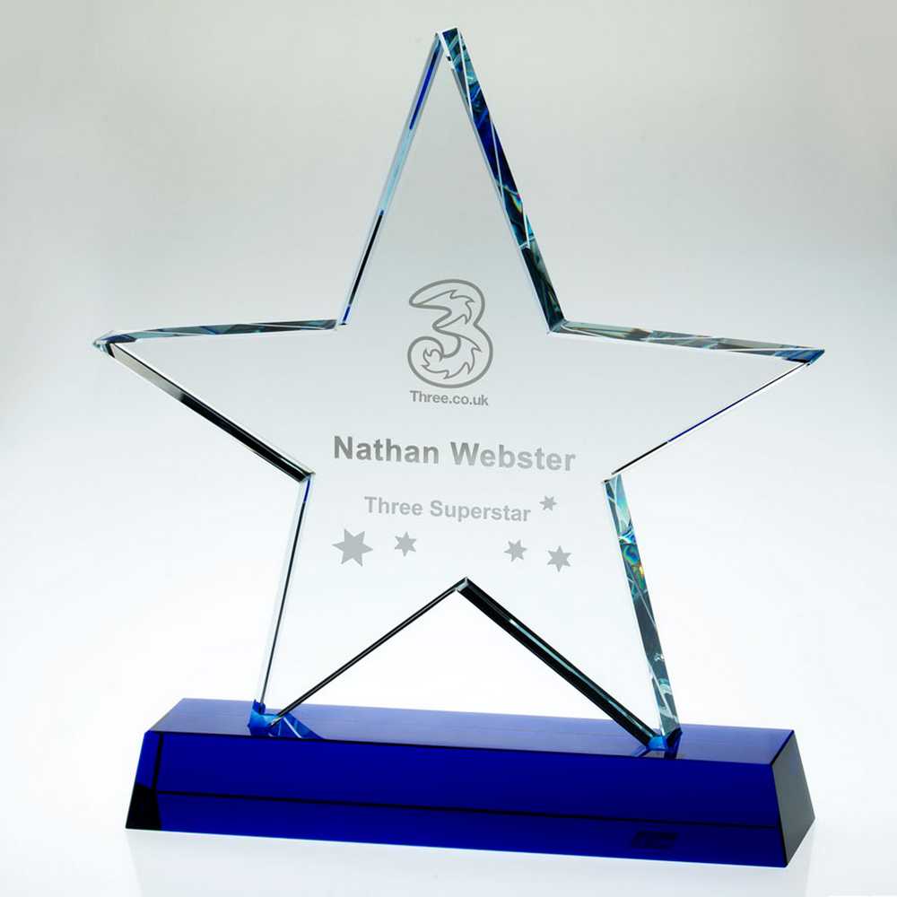 CLEAR GLASS STAR PLAQUE ON BLUE BASE (19mm THICK) - 7.25in