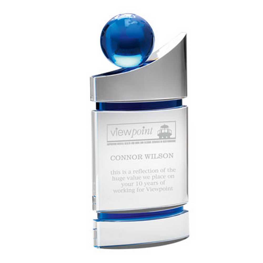 CLEAR/BLUE DOMED GLASS PLAQUE WITH BLUE GLOBE - 8.25in