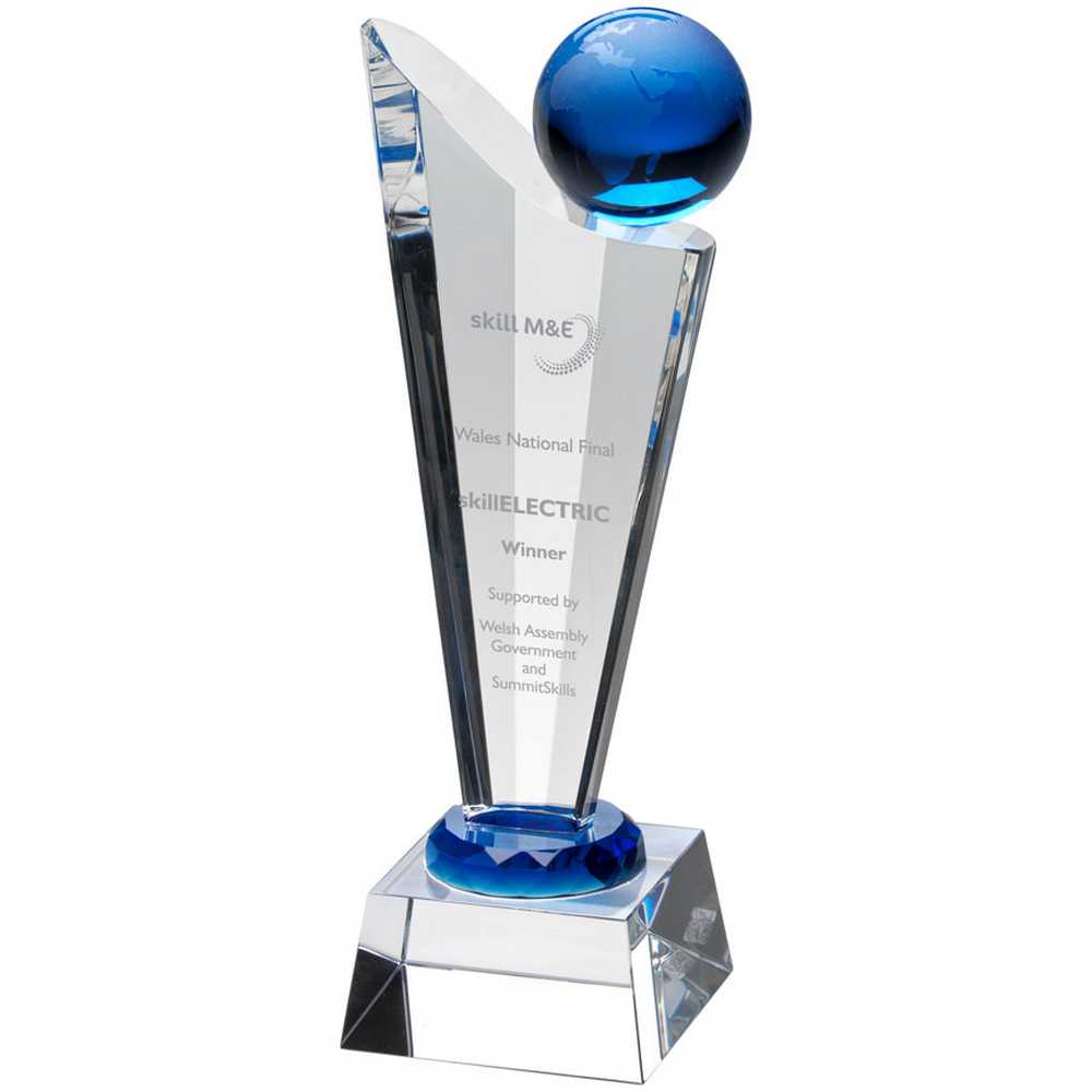 CLEAR/BLUE GLASS VICTORY PLAQUE WITH BLUE GLOBE - 9.25in