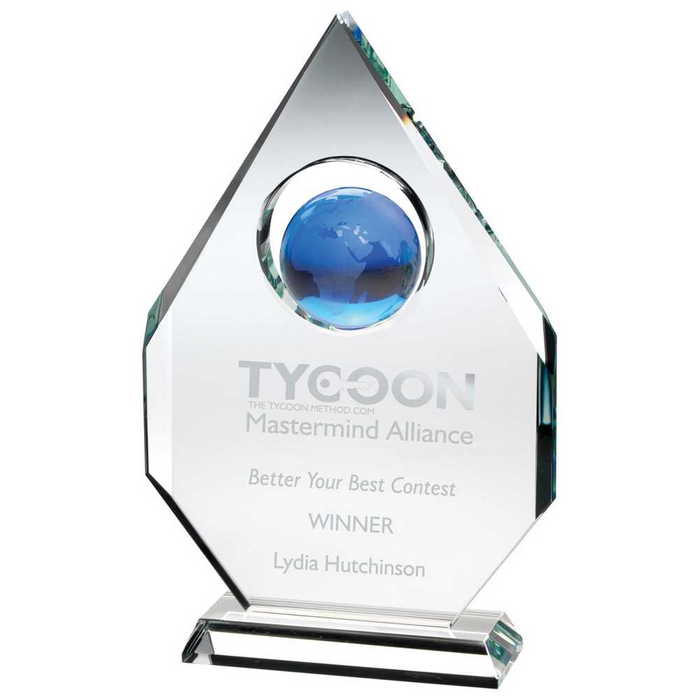 CLEAR GLASS DIAMOND PLAQUE WITH BLUE GLOBE - (15mm THICK) 11in