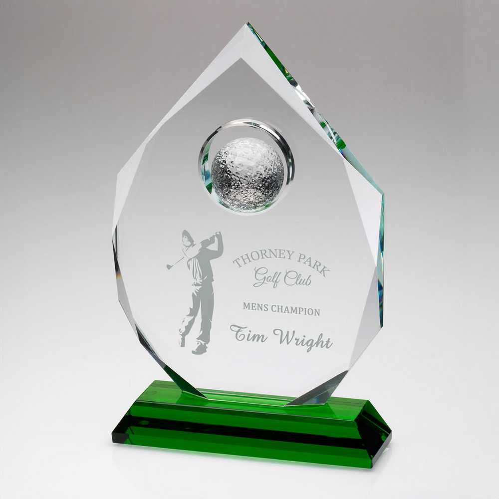 CLEAR GLASS DIAMOND WITH GOLF BALL ON GREEN BASE (15mm THICK) - 9.5in