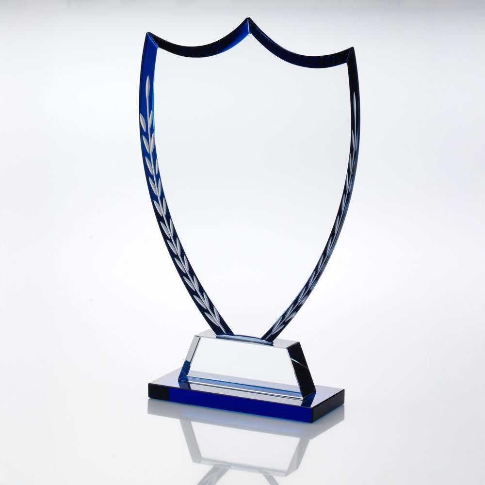 CLEAR GLASS SHIELD WITH BLUE EDGE AND FROSTED WREATH (10mm THICK) - 10in