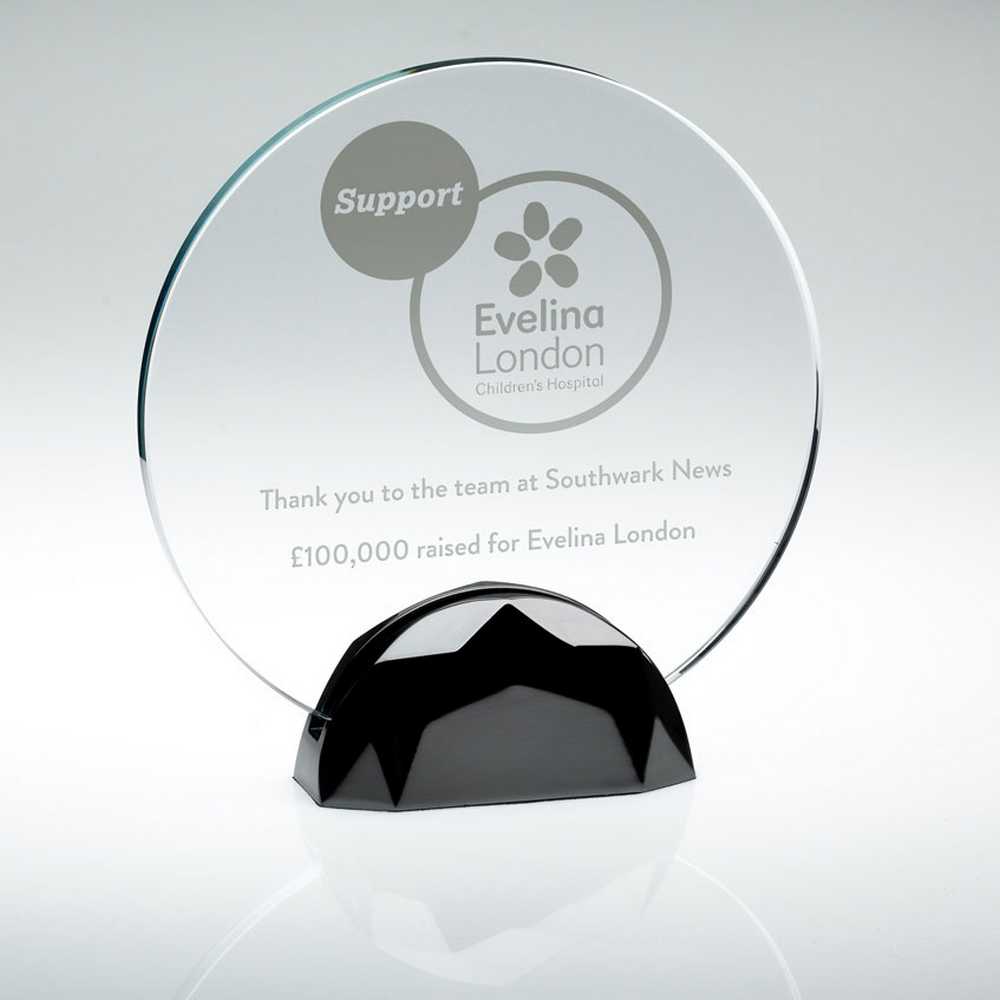 CLEAR GLASS ROUND PLAQUE (10mm THICK) IN GUN METAL BASE - 8in