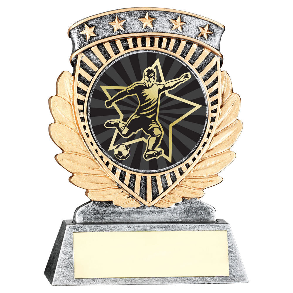 PEW/GOLD 5 STAR HOLDER WITH VINYL MALE FOOTBALL INSERT & PLATE - 4.5in