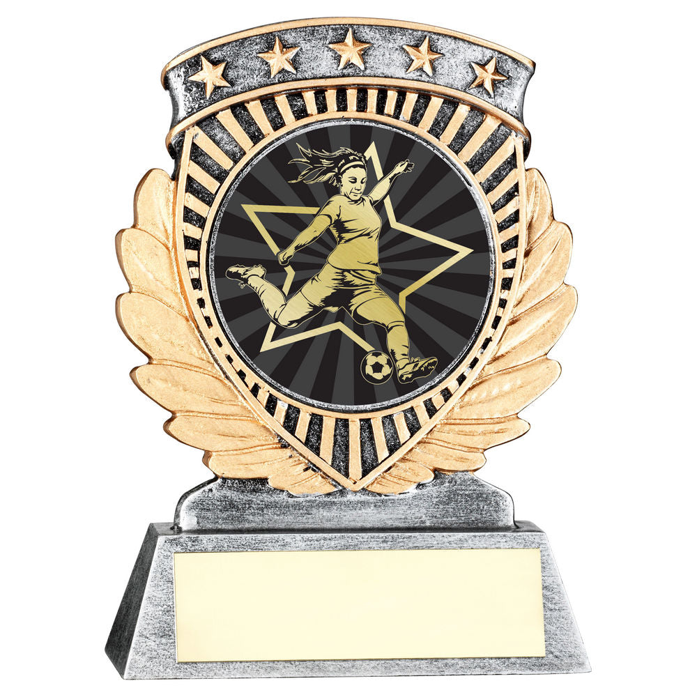 PEW/GOLD 5 STAR HOLDER WITH VINYL FEMALE FOOTBALL INSERT & PLATE - 4.5in