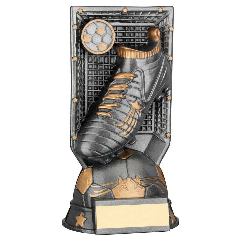 GUNMETAL GREY/GOLD FILLED PLASTIC FOOTBALL BOOT ON NET & PLATE (1in CEN) - 8"