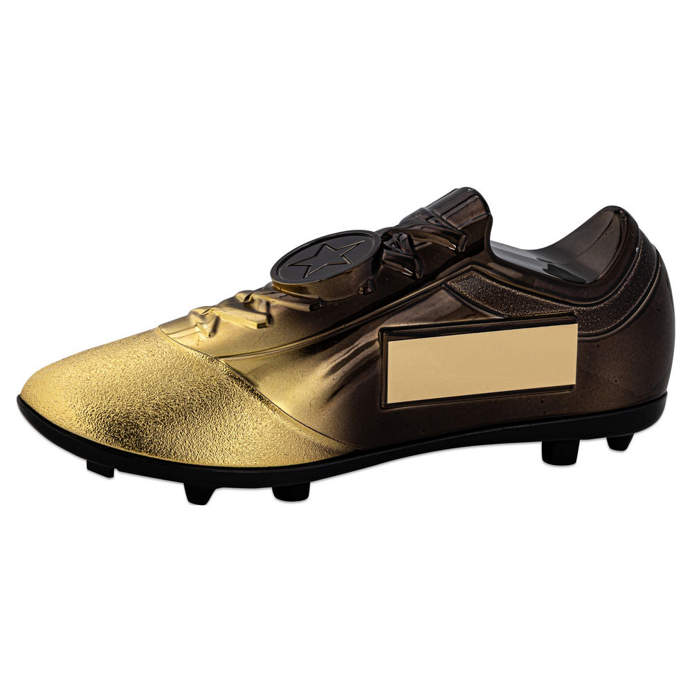 FILLED PLASTIC FOOTBALLL BOOT IN GOLD/BLACK WITH PLATE (1" CEN) - 6.75 x 2.75in