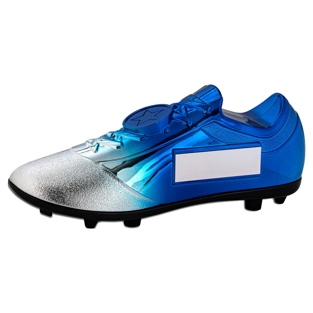 FILLED PLASTIC FOOTBALLL BOOT IN SILVER/BLUE WITH PLATE (1" CEN) - 6.75 x 2.75in