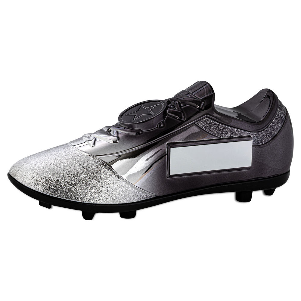 FILLED PLASTIC FOOTBALLL BOOT IN SILV/BLACK WITH PLATE (1" CEN) - 6.75 x 2.75in