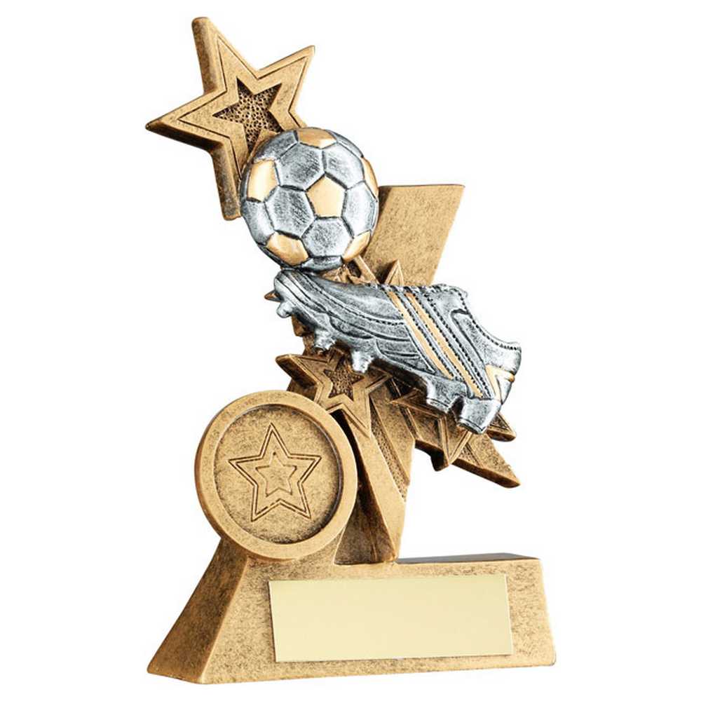 BRZ/PEW/GOLD FOOTBALL AND BOOT ON SHOOTING STAR WITH PLATE (1in CENTRE) - 4in