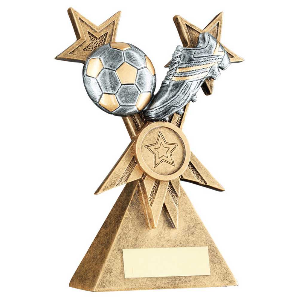 BRZ/PEW/GOLD FOOTBALL AND BOOT ON TRI STAR RISER WITH PLATE (1in CEN) - 7.25in