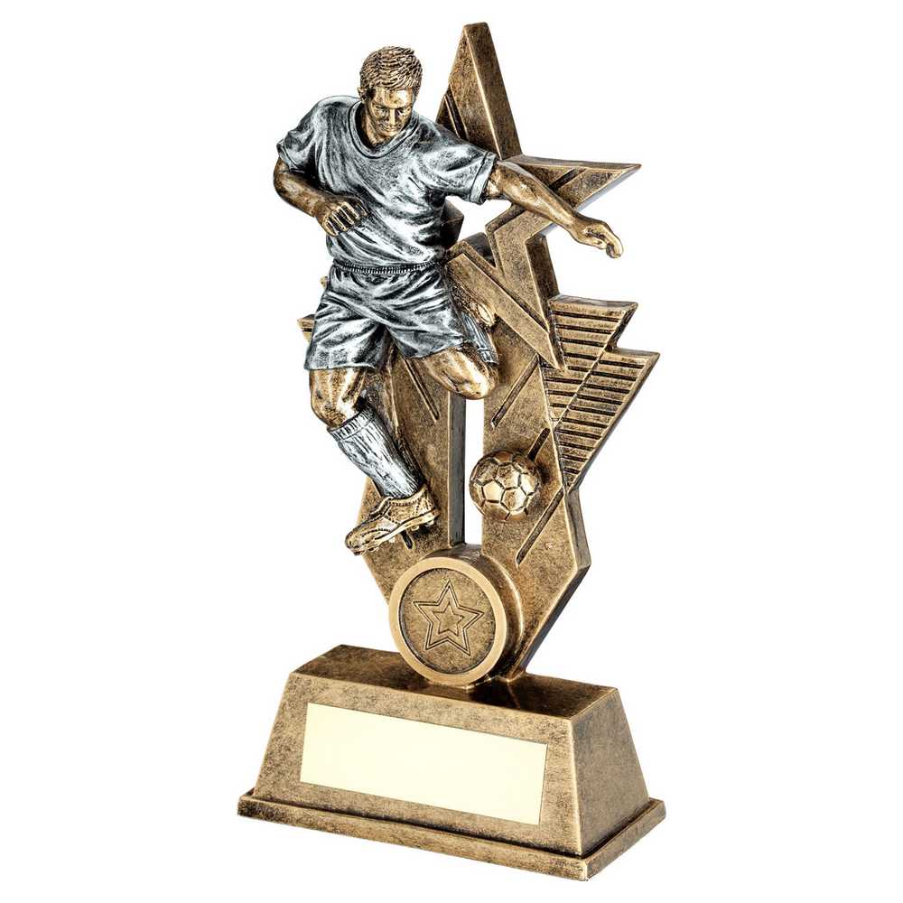 BRZ/PEW/GOLD MALE FOOTBALL FIGURE ON STAR BACKDROP WITH PLATE (1in CENTRE) - 10"