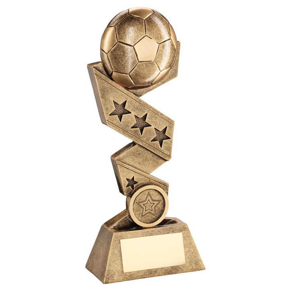 BRZ/GOLD FOOTBALL ON ZIG ZAG STAR RIBBON WITH PLATE (1in CENTRE) - 6in
