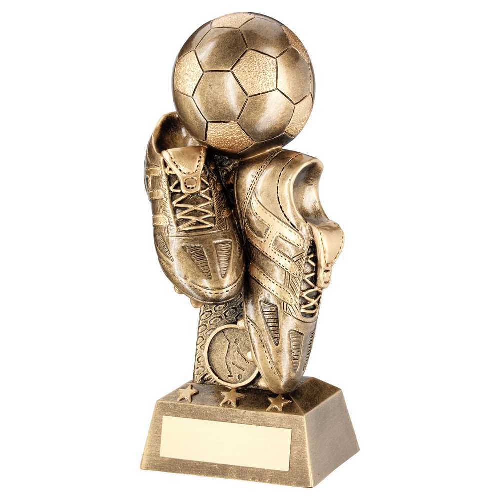 BRZ/GOLD FOOTBALL AND BOOTS ON COLUMN RISER WITH PLATE (1in CENTRE) - 8.75in