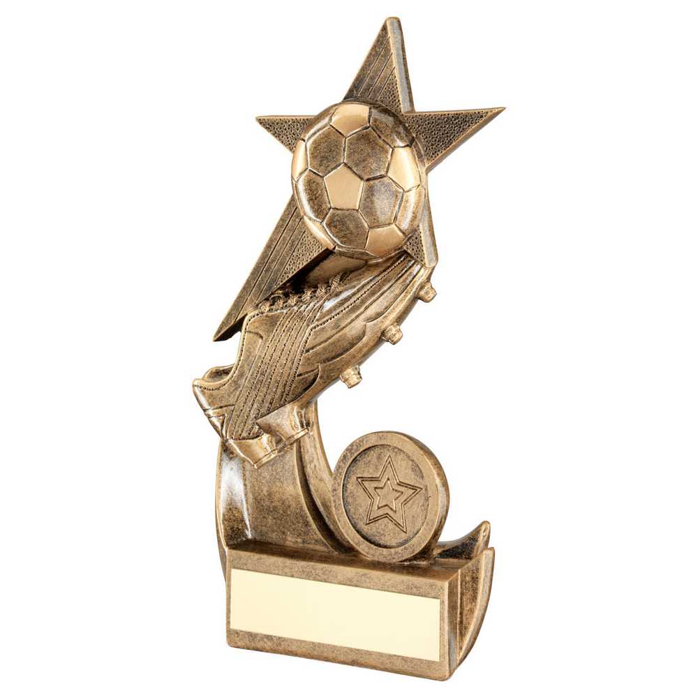 BRZ/GOLD FOOTBALL AND BOOT ON SHOOTING STAR WITH PLATE (1in CENTRE) - 5.5in