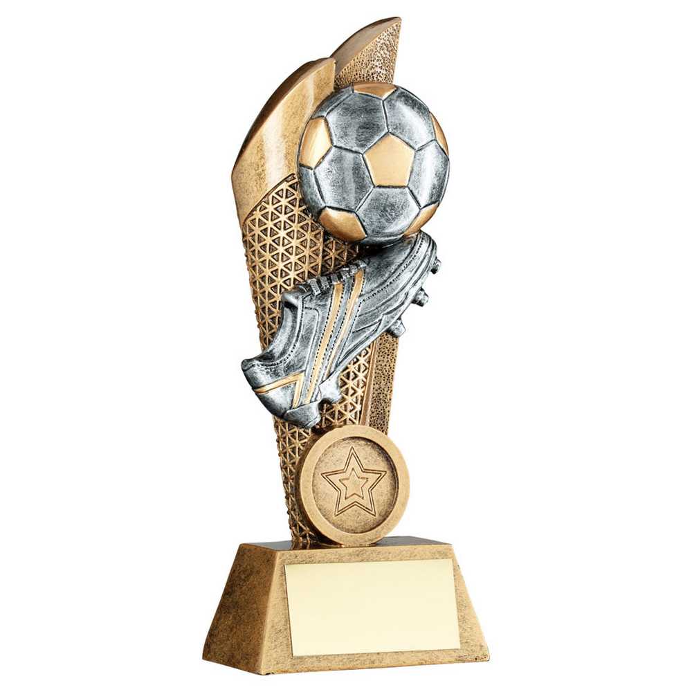 BRZ/PEW/GOLD FOOTBALL AND BOOT ON MESH BACKDROP WITH PLATE (1in CEN) - 6in