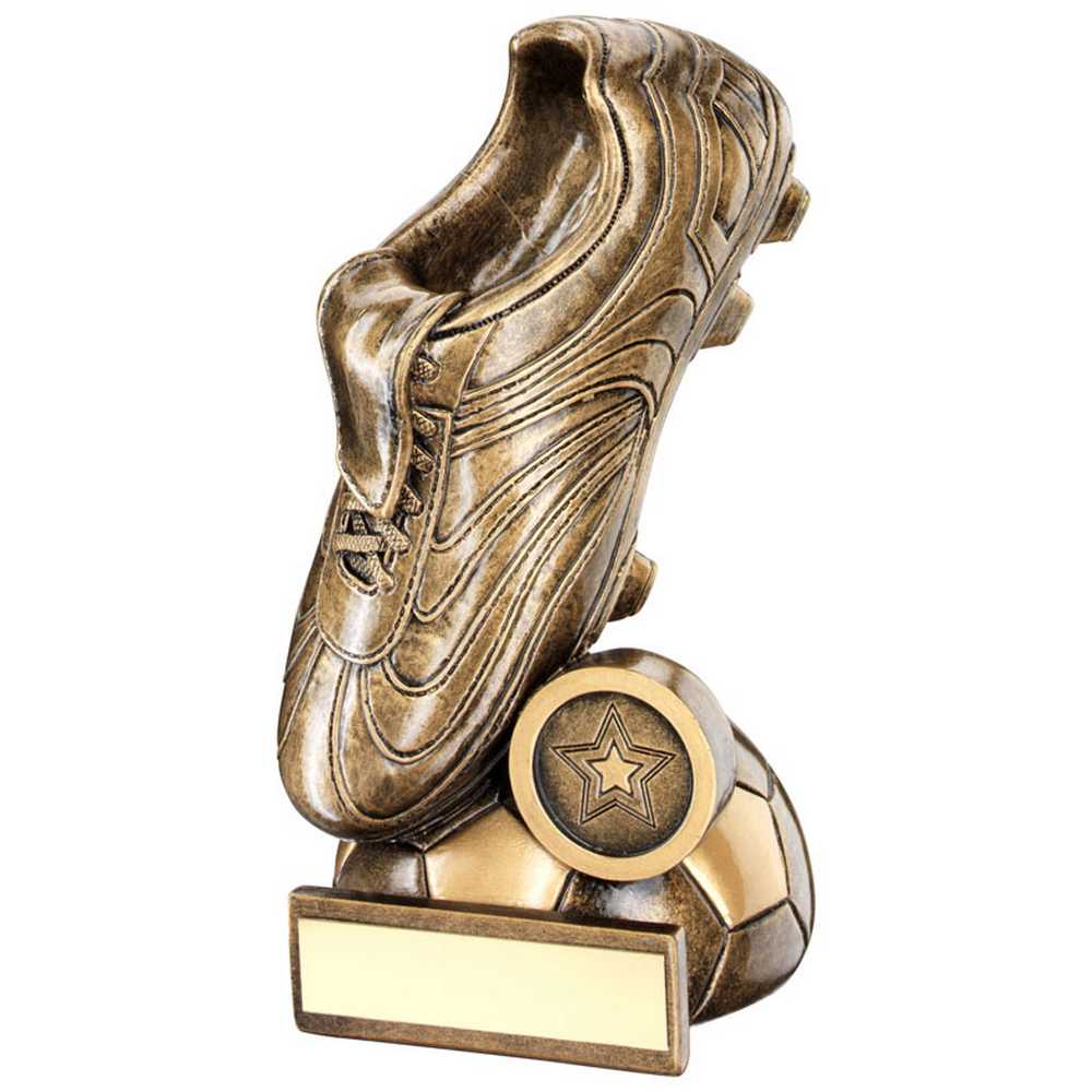 BRZ/GOLD FOOTBALL BOOT ON HALF BALL BASE WITH PLATE (1in CENTRE) - 5.5in