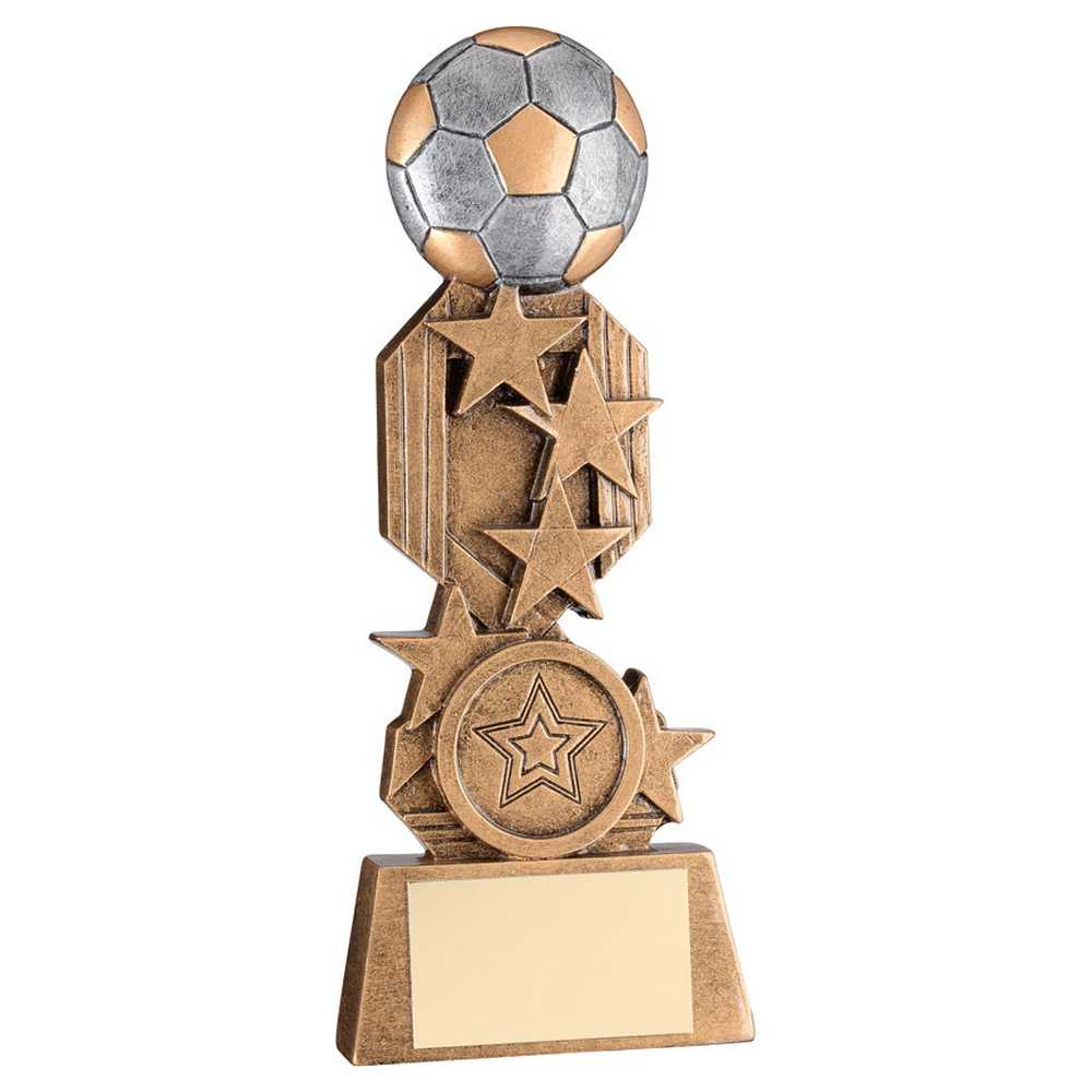 BRZ/PEW/GOLD FOOTBALL ON STARS FLATBACK WITH PLATE (1in CENTRE) - 6in