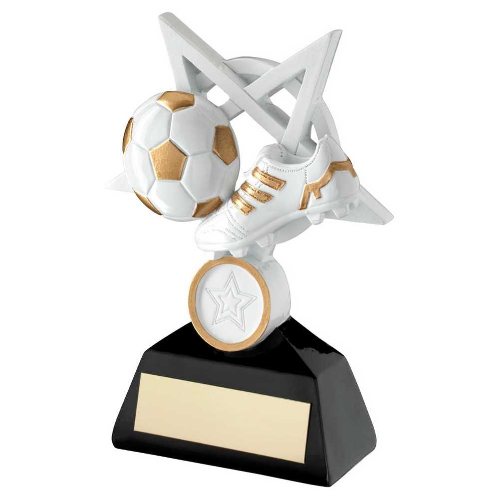 WHITE/GOLD/BLACK FOOTBALL AND BOOT ON 5 POINT STAR WITH PLATE (1in CENTRE) - 7in