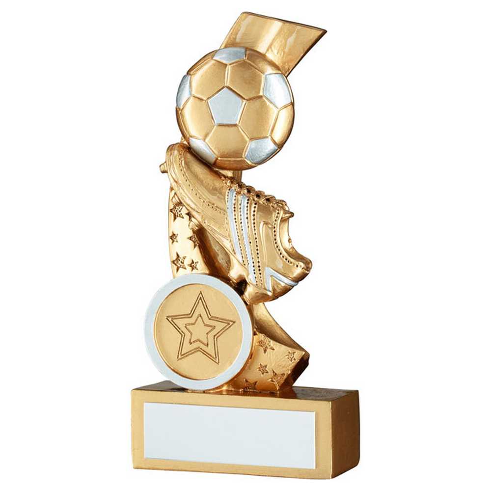GOLD/SILVER FOOTBALL AND BOOT ON MULTI STAR CURVE WITH PLATE (1in CENTRE) - 6in