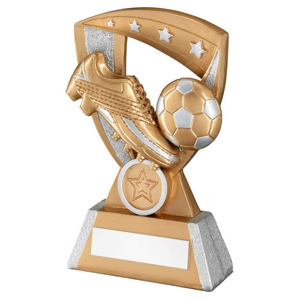 GOLD/SILVER FOOTBALL AND BOOT ON 4 STAR SHIELD WITH PLATE (1in CENTRE) - 10in