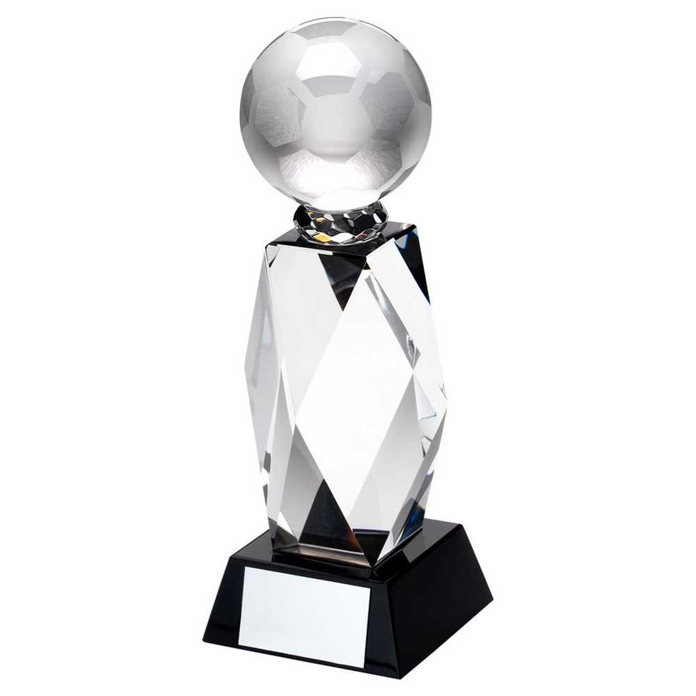 CLEAR GLASS COLUMN AND FOOTBALL ON BLACK BASE WITH PLATE - 9in
