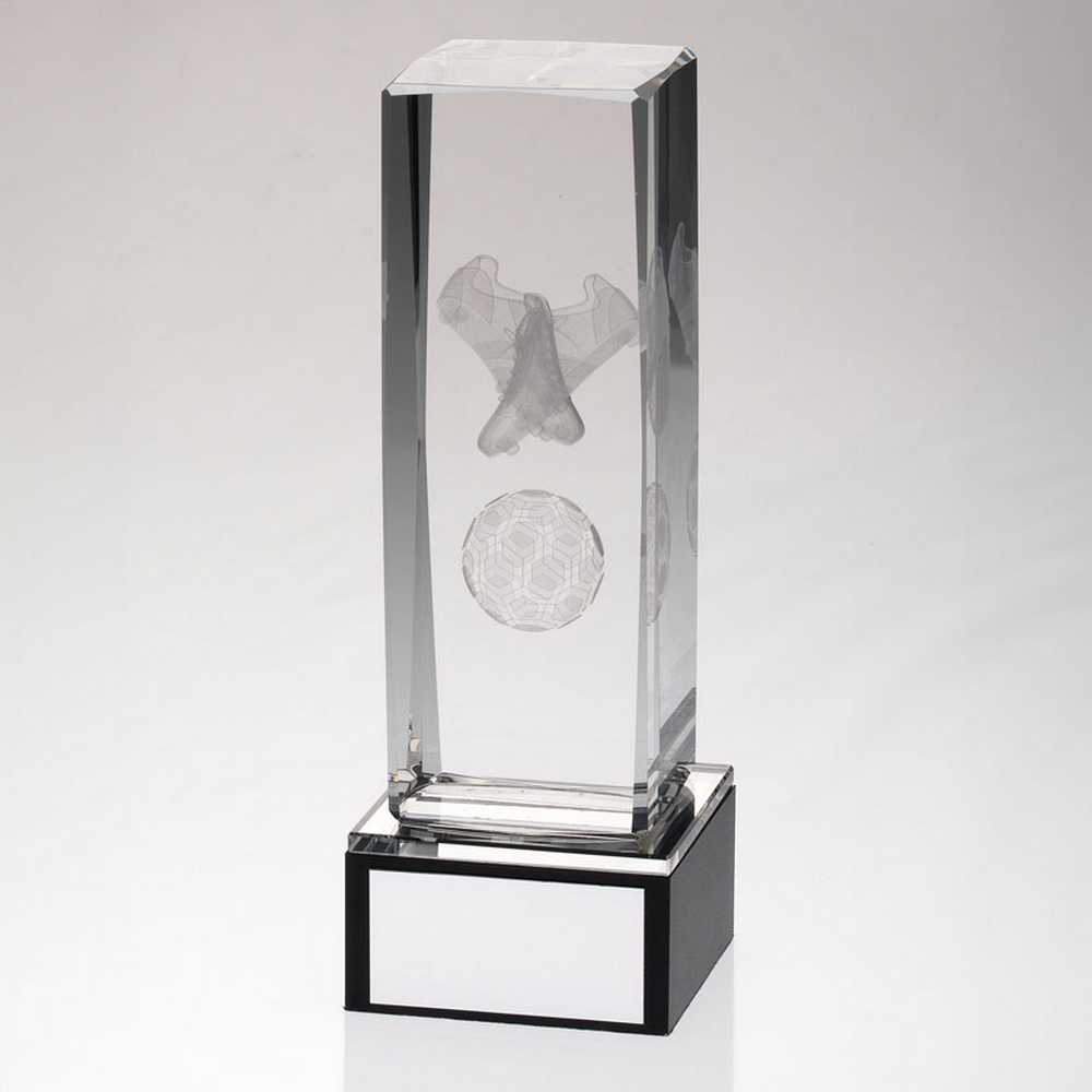 CLEAR GLASS LASERED FOOTBALL COLUMN ON BLACK BASE WITH PLATE - 6.75in