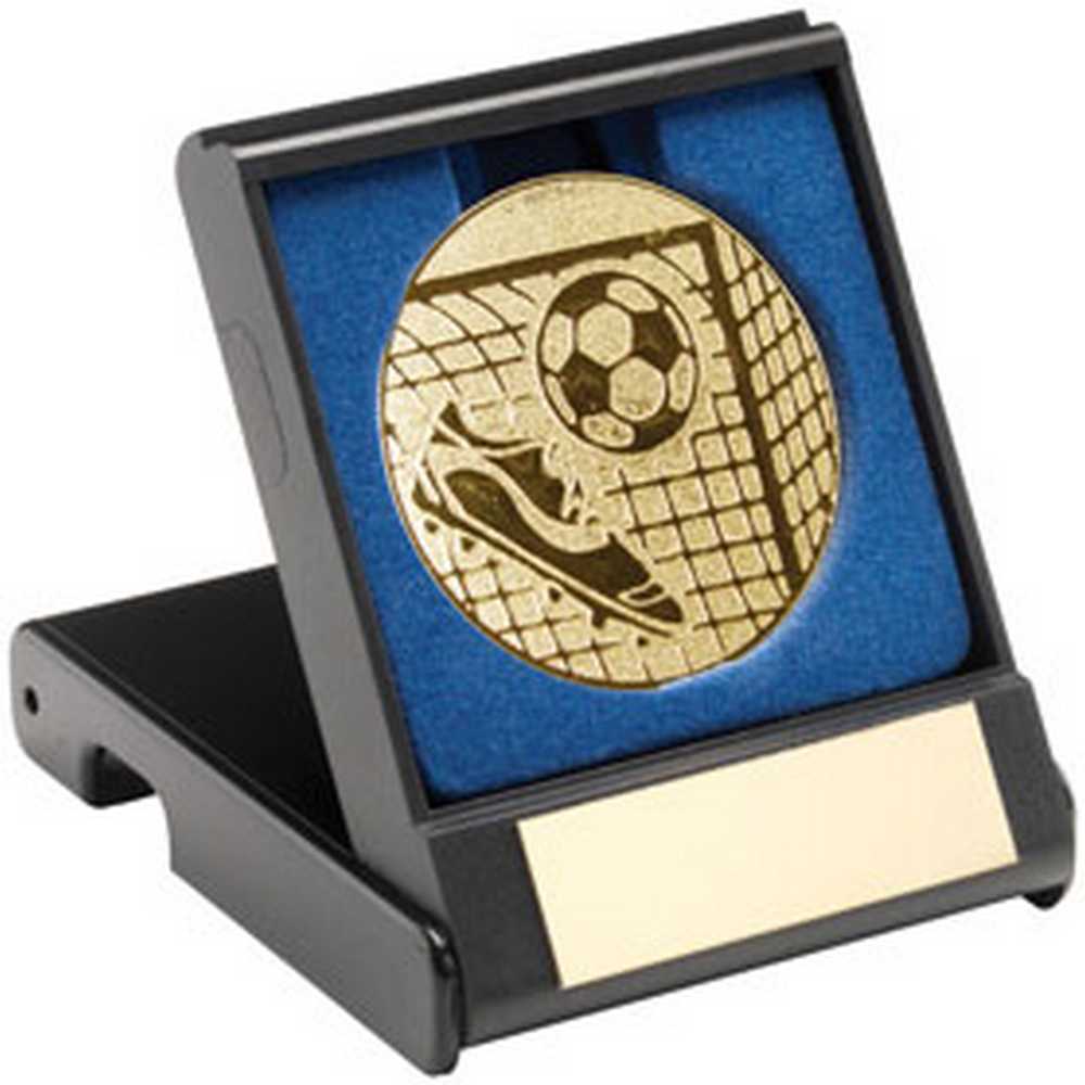 BLACK PLASTIC BOX WITH FOOTBALL INSERT TROPHY GOLD - 3.5in