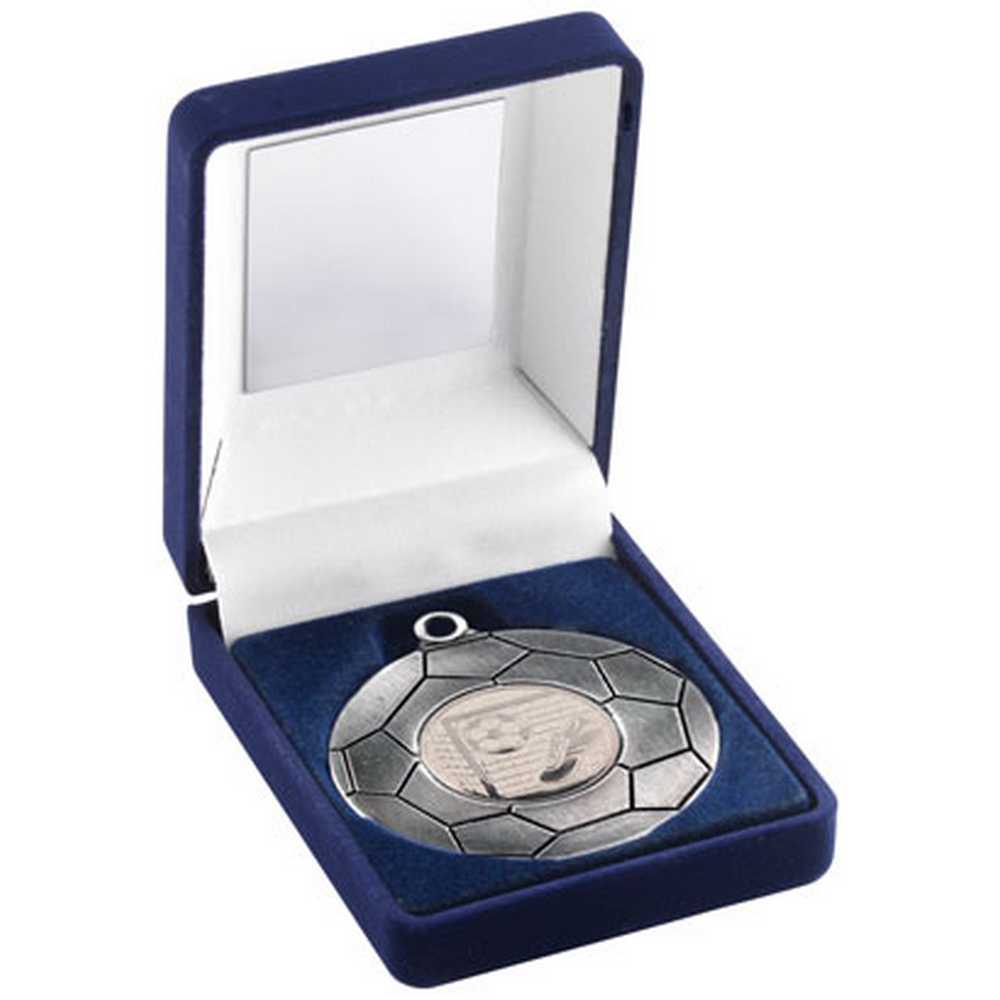 BLUE VELVET BOX AND 50mm FOOTBALL MEDAL TROPHY ANTIQUE SILVER (1in CEN) - 3.5in