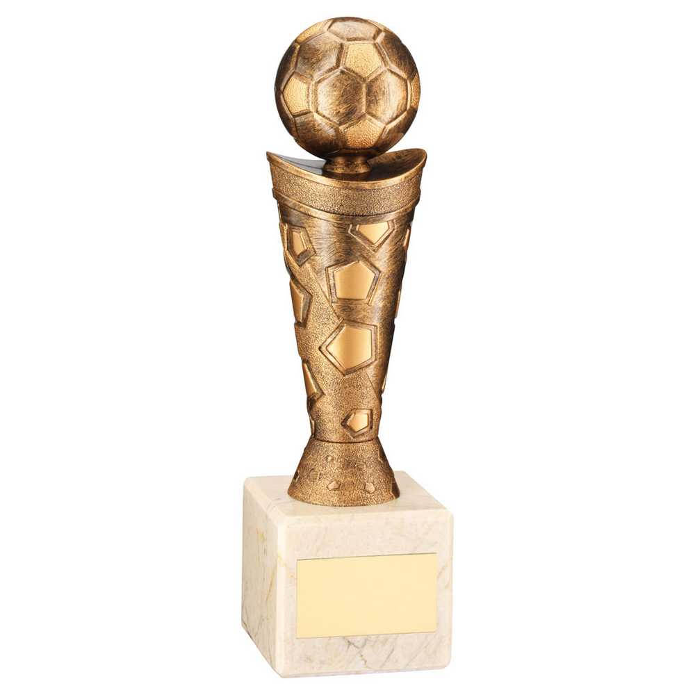 BRONZE/GOLD PLASTIC FOOTBALL FIGURE ON CREAM MARBLE TROPHY - (1in CEN) 9in