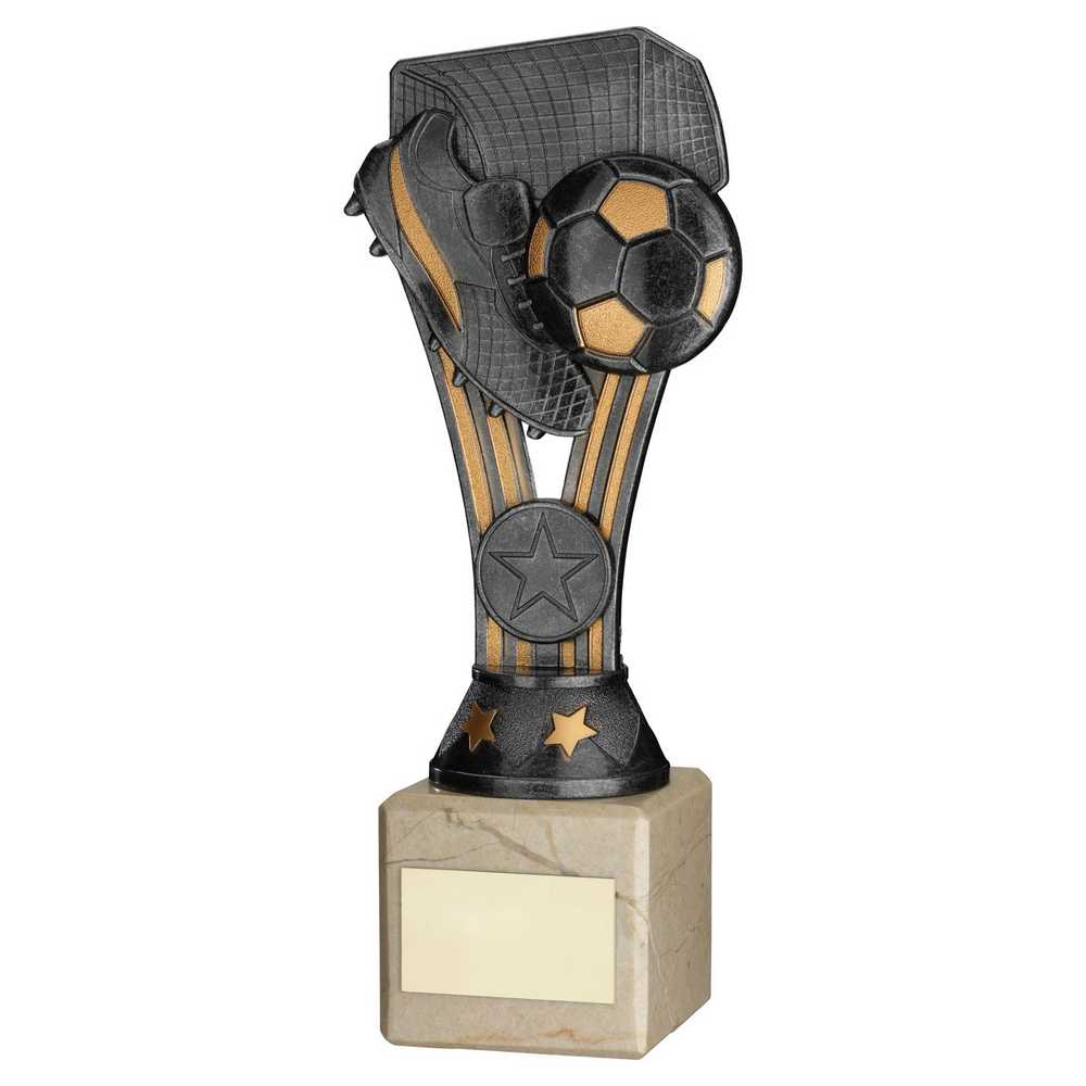PEWTER/GOLD PLASTIC 'WEMBLEY' FIGURE ON CREAM MARBLE TROPHY - (1in CEN) - 10in