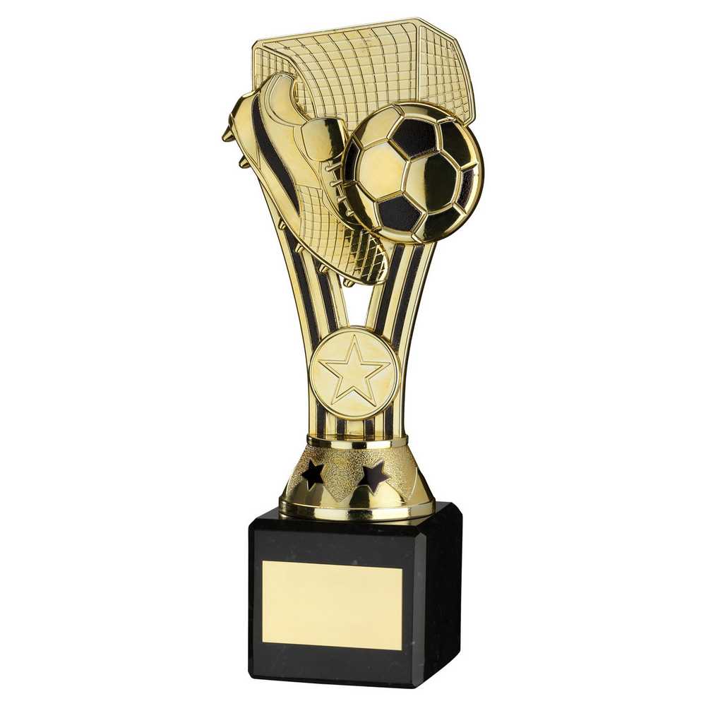 GOLD/BLACK PLASTIC 'WEMBLEY' FIGURE ON BLACK MARBLE TROPHY - (1in CEN) - 9in