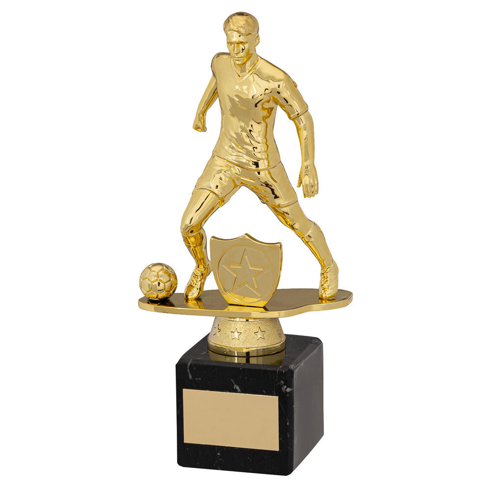 GOLD/BLK PLASTIC MALE FOOTBALL FIGURE ON BLK MARBLE TROPHY (1in CEN) - 8in