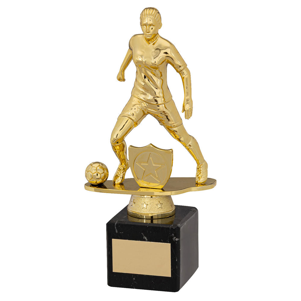 GOLD/BLK PLASTIC FEMALE FOOTBALL FIGURE ON BLK MARBLE TROPHY (1in CEN) - 10in