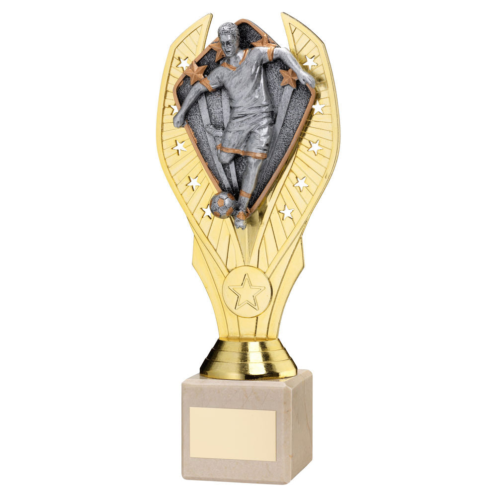 GOLD PLASTIC HOLDER + MALE FOOTBALL DISC ON CREAM MARBLE TROPHY (1in CEN) - 10in