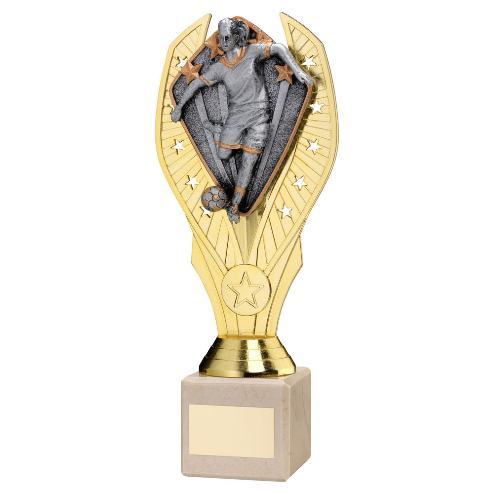 GOLD PLASTIC HOLDER + FEMALE FOOTBALL DISC ON CREAM MARBLE TROPHY (1in CEN) - 10in
