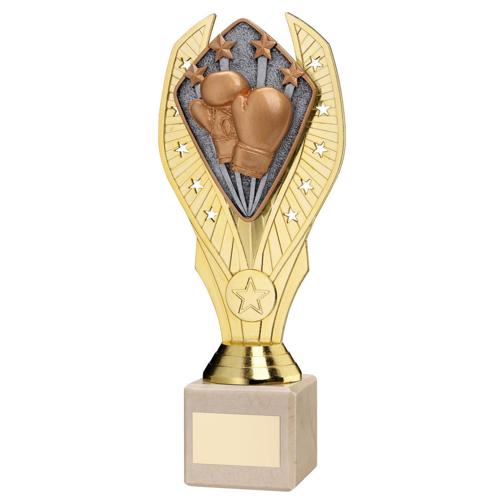 GOLD PLASTIC HOLDER + BOXING DISC ON CREAM MARBLE TROPHY (1in CEN) - 11in