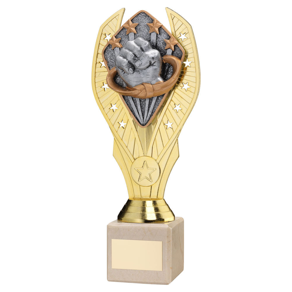 GOLD PLASTIC HOLDER + MARTIAL ARTS DISC ON CREAM MARBLE TROPHY (1in CEN) - 10in