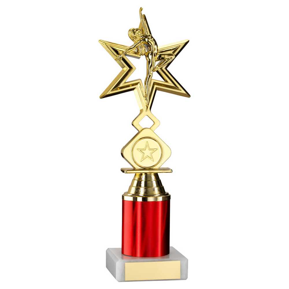 GOLD/RED 'DANCE/GYM' STAR FIGURE ASSEMBLED ON MARBLE (1" CEN/2" TUBE) - 9in