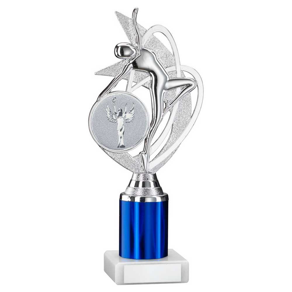 SILVER/BLUE 'DANCE/GYM' FIGURE ASSEMBLED ON MARBLE (2" CEN/1" TUBE) - 8in