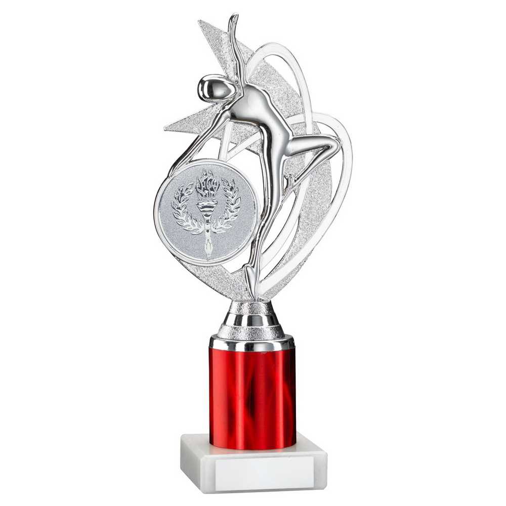 SILVER/RED 'DANCE/GYM' FIGURE ASSEMBLED ON MARBLE (2" CEN/1" TUBE) - 8in