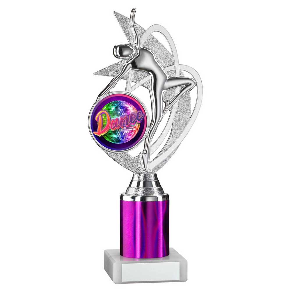 SILVER/PURPLE 'DANCE/GYM' FIGURE ASSEMBLED ON MARBLE (2" CEN/2" TUBE) - 9in