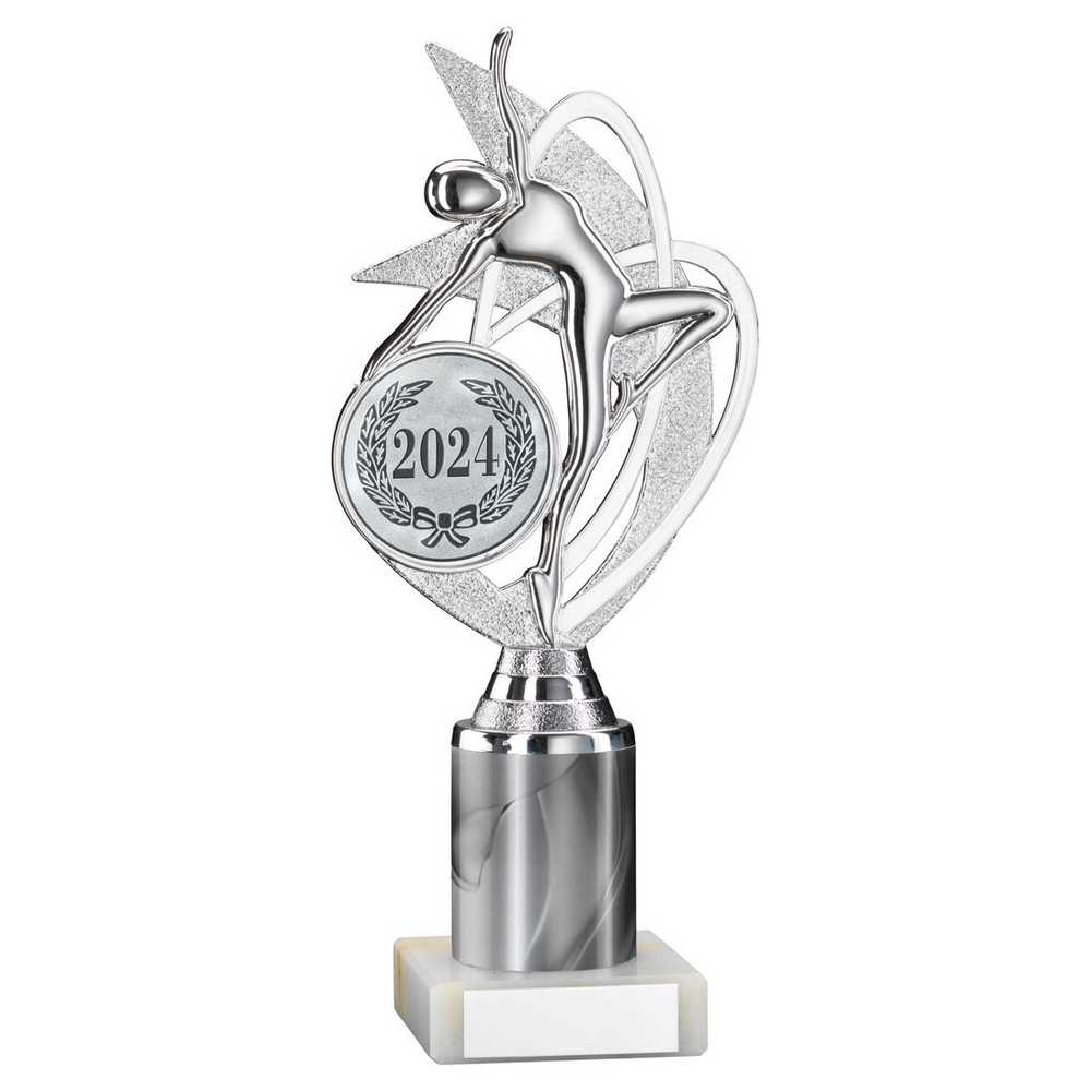SILVER/WHITE 'DANCE/GYM' FIGURE ASSEMBLED ON MARBLE (2" CEN/3" TUBE) - 10in