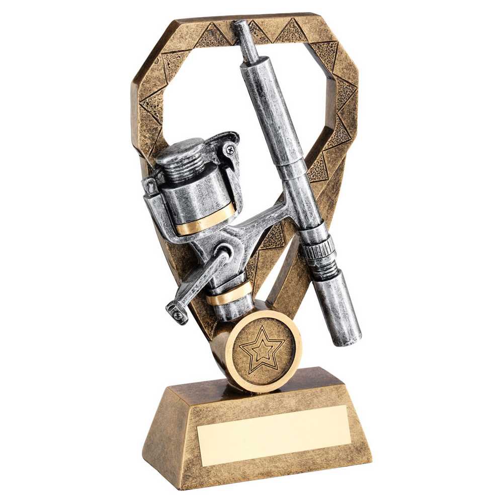 BRZ/PEW/GOLD ANGLING ROD AND REEL ON DIAMOND WITH PLATE (1in CENTRE) - 6in