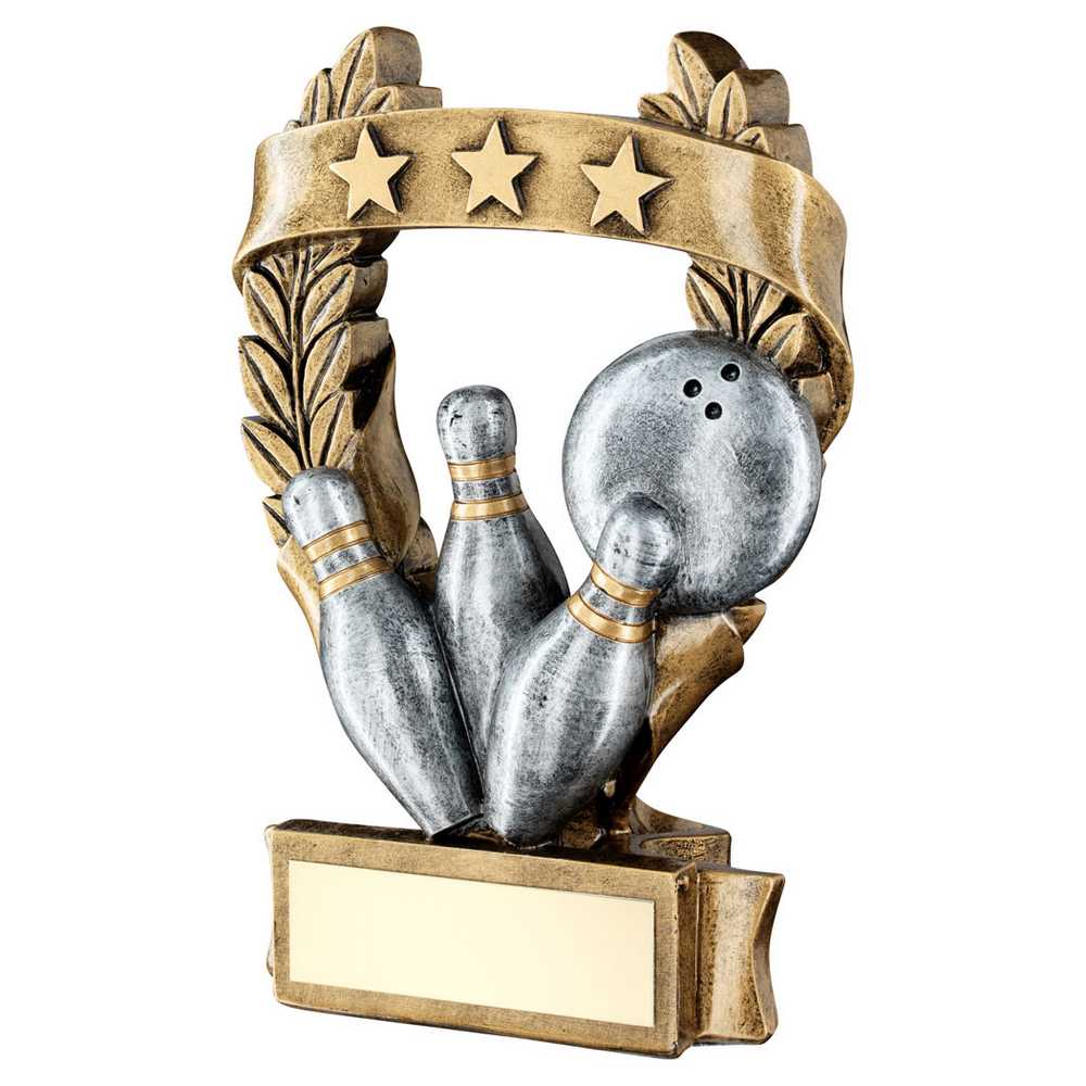 BRZ/PEW/GOLD TEN PIN 3 STAR WREATH AWARD WITH PLATE - 5in