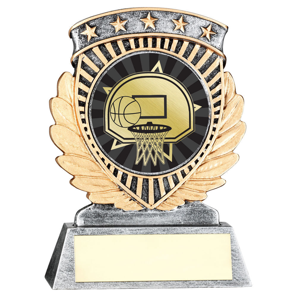 PEW/GOLD 5 STAR HOLDER WITH VINYL BASKETBALL INSERT & PLATE - 4.5in