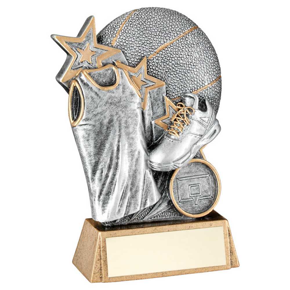 PEW/GOLD BASKETBALL WITH SHOE/SHIRT ON BRZ BASE WITH PLATE (1in CEN) - 6.25"
